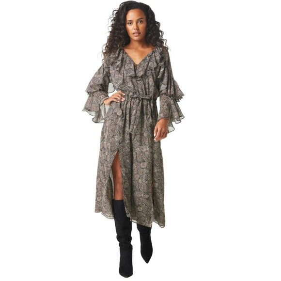 Misa Los Angeles “Donna” Paisley Shimmer & Ruffle Long-Sleeve Dress – XXS NWT! - Picture 1 of 14